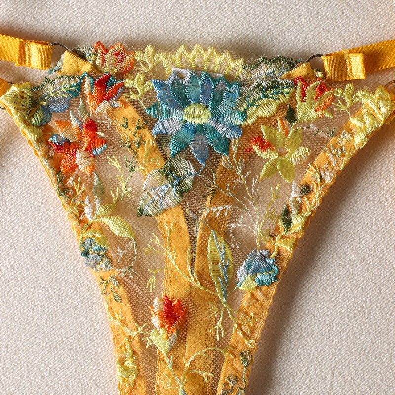 Yellow Flower Embroidered Bra Garter Suit