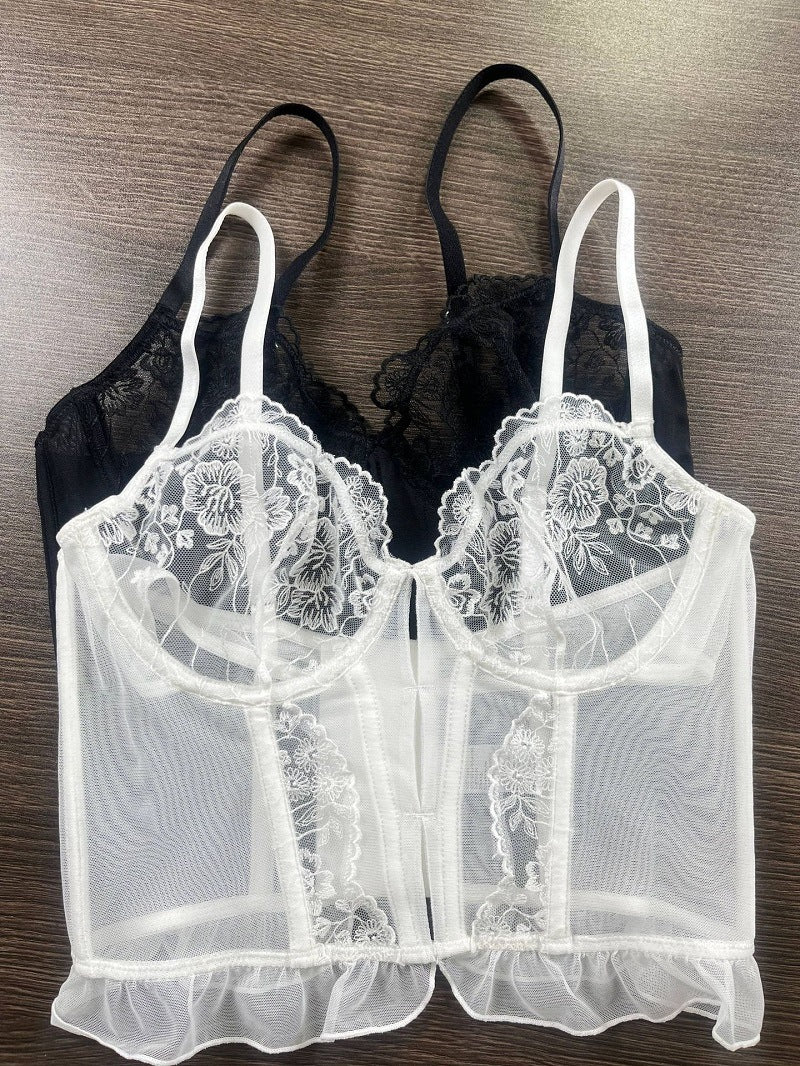 New 3-piece French Style Lace Lingerie Women's Breathable Hollow-out Fishbone Corset Ultra-thin Bra Set