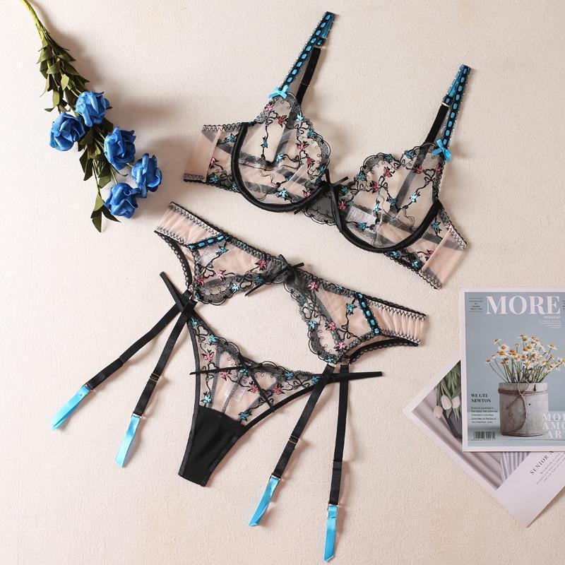 Mesh Embroidered Bra Set Steel Bra Set