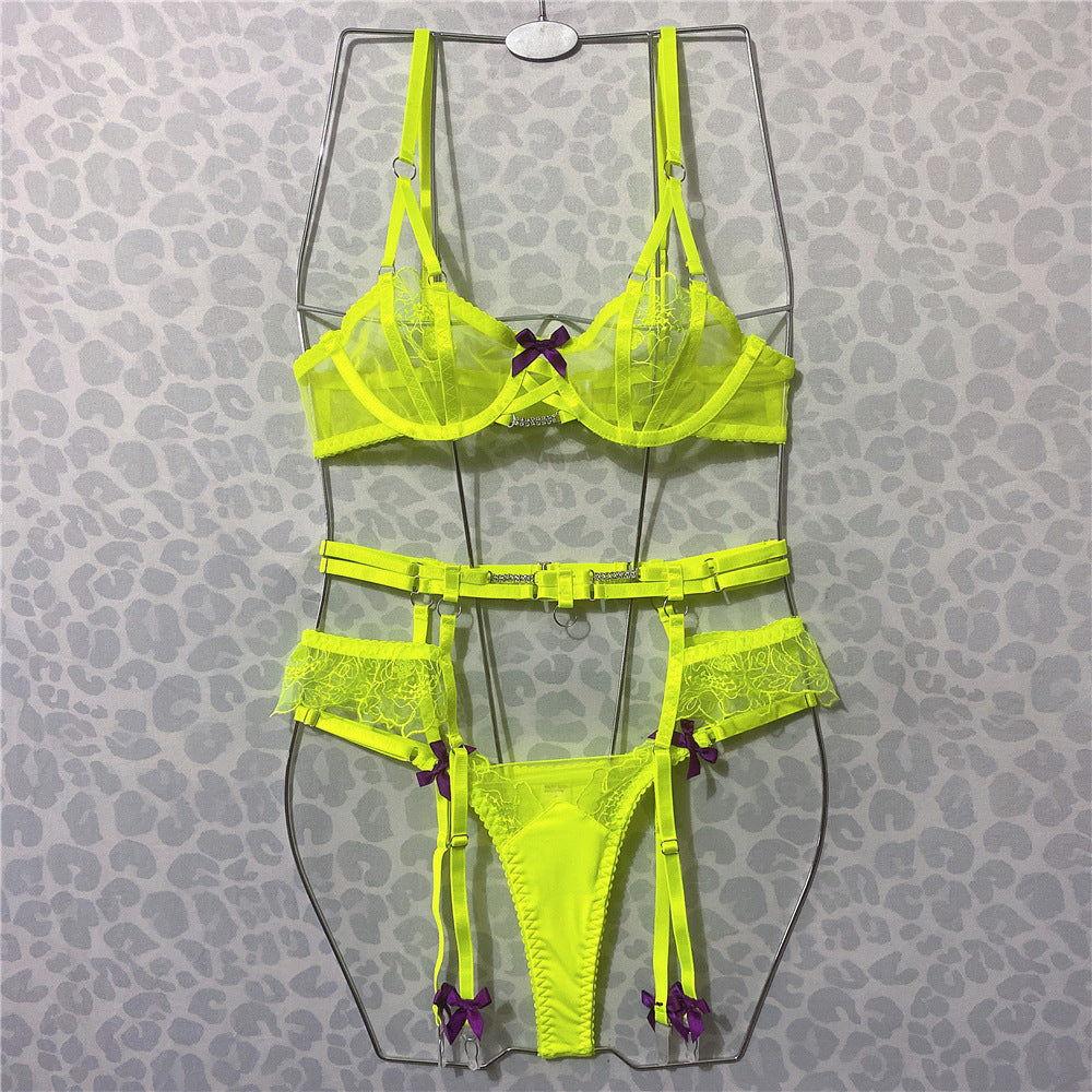 European And American Embroidery Fluorescent Green Perspective Bra Bow Sexy Lingerie Set