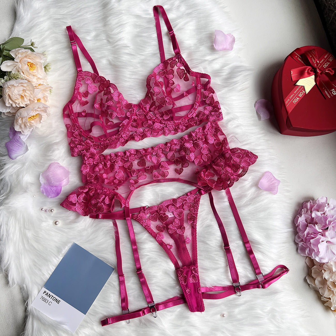 Love Embroidery Stitching Strap Sexy Lingerie Suit