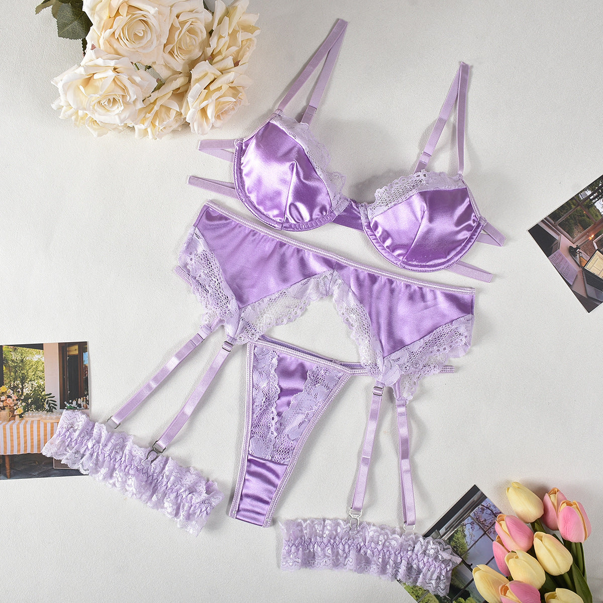 Lace Satin Bra Garter Match Sets