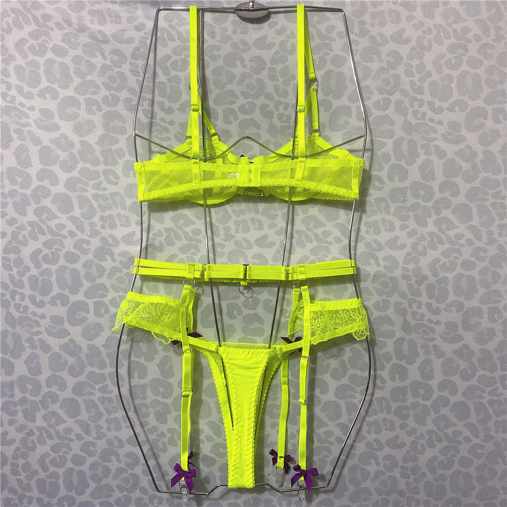 European And American Embroidery Fluorescent Green Perspective Bra Bow Sexy Lingerie Set