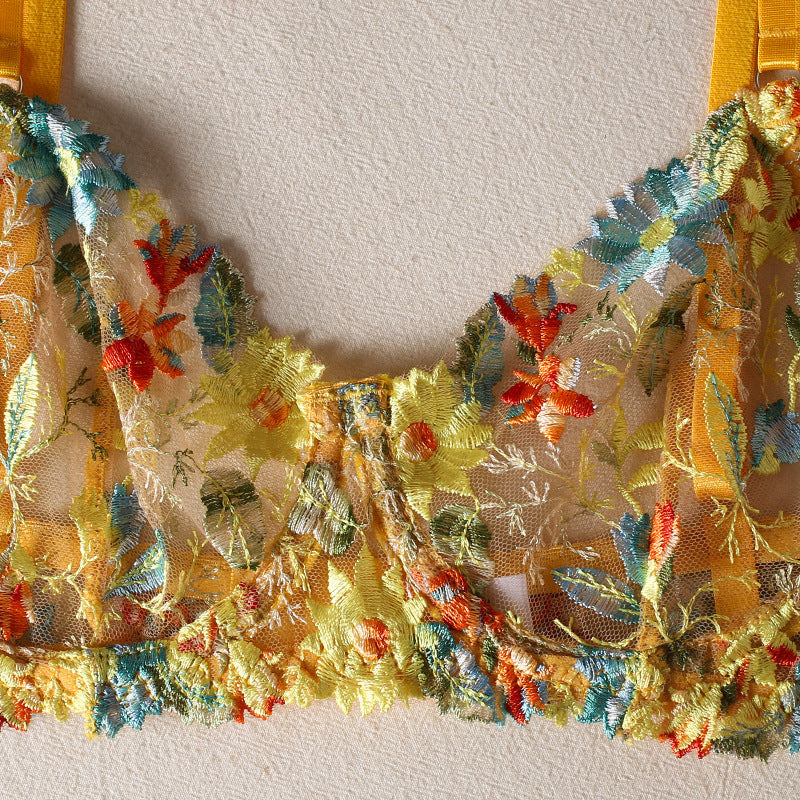 Yellow Flower Embroidered Bra Garter Suit