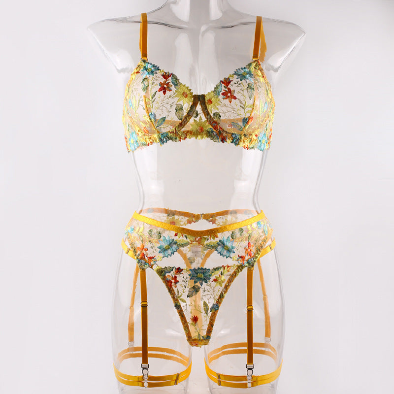 Yellow Flower Embroidered Bra Garter Suit