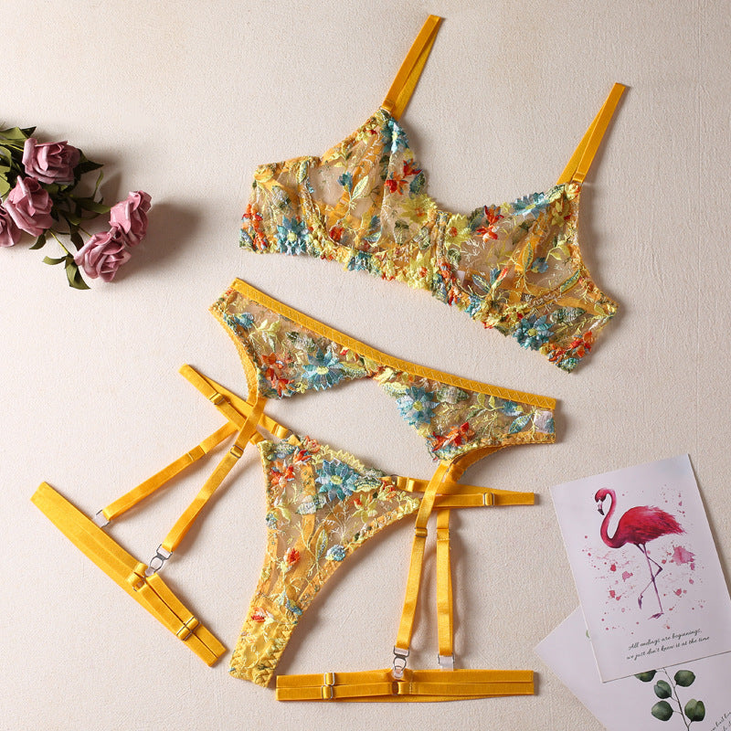 Yellow Flower Embroidered Bra Garter Suit