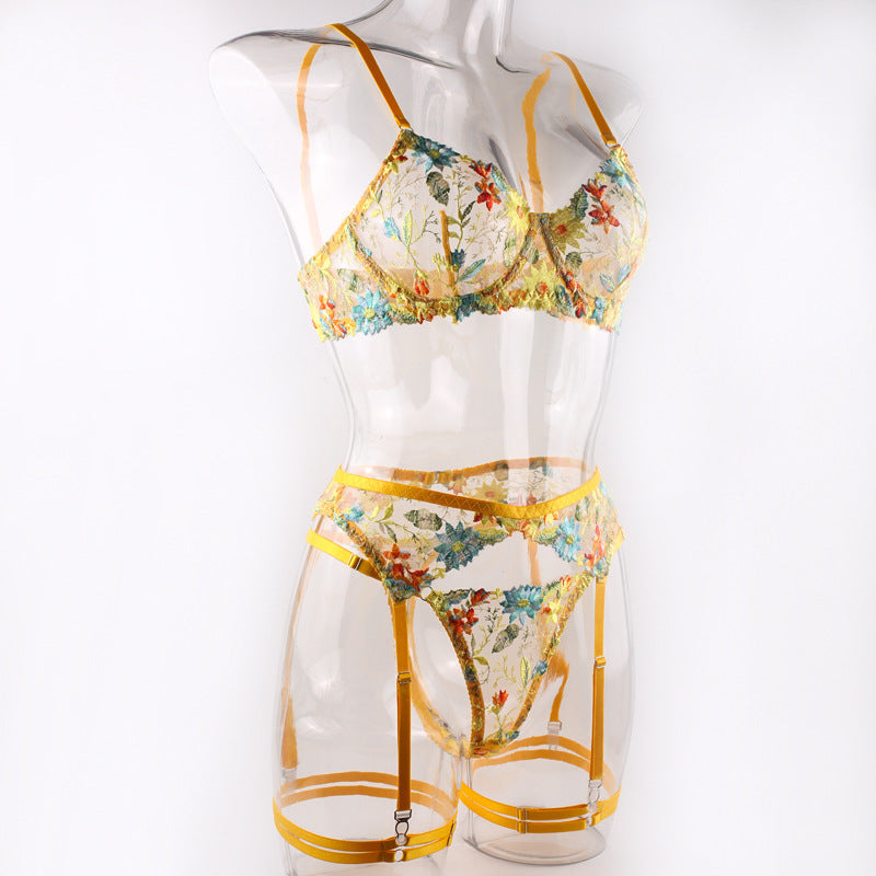 Yellow Flower Embroidered Bra Garter Suit