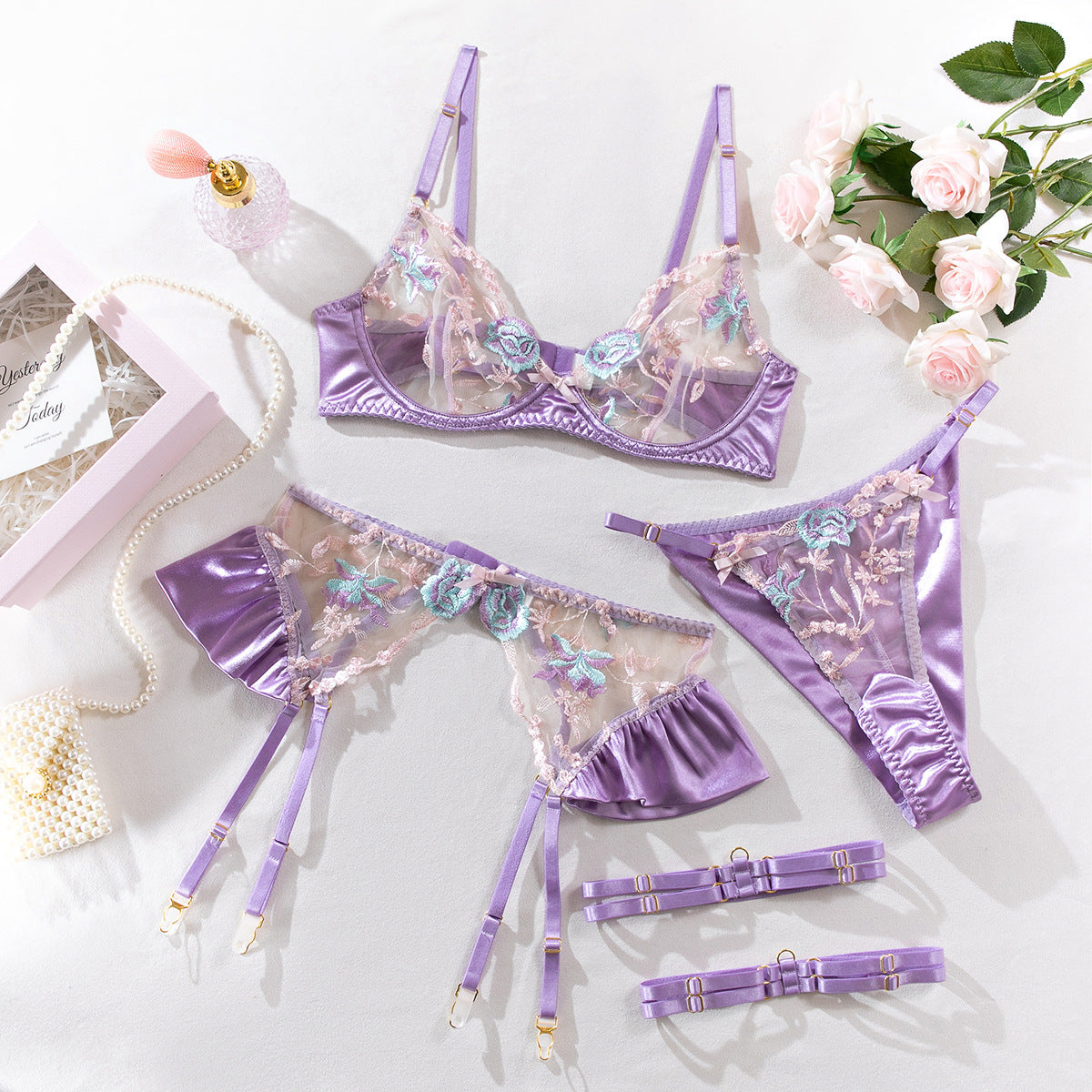 Light Purple Mercerized Embroidery Super Beautiful Lingerie Four-piece Set