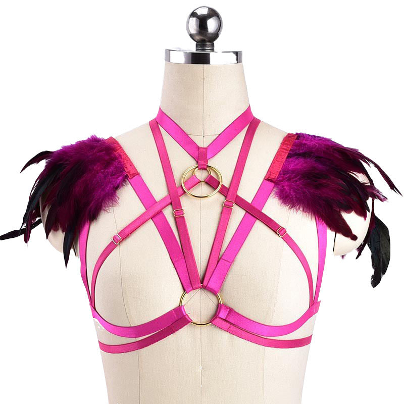 Colorful Goth Punk Harness Feather Lingerie Prom Show Bra