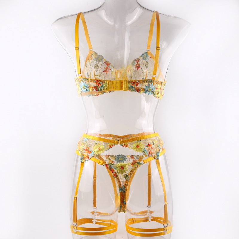 Yellow Flower Embroidered Bra Garter Suit