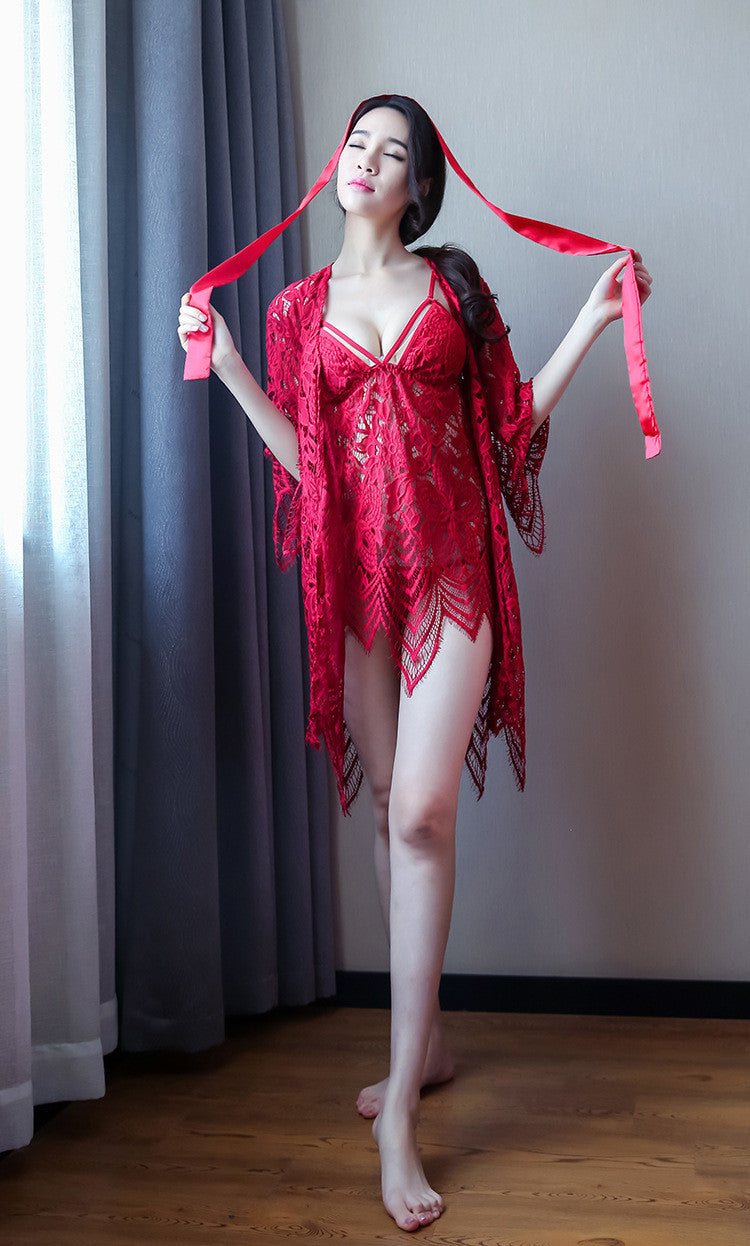 Sexy Lace Transparent Bohemian Sling Sexy Lingerie Hollow Pajamas Nightdress Set